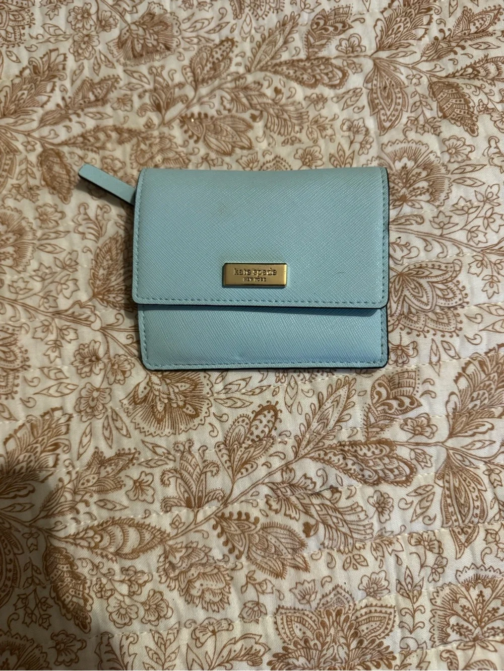 kate spade Pale Blue Saffiano Leather Bifold Wallet with Gold Plaque